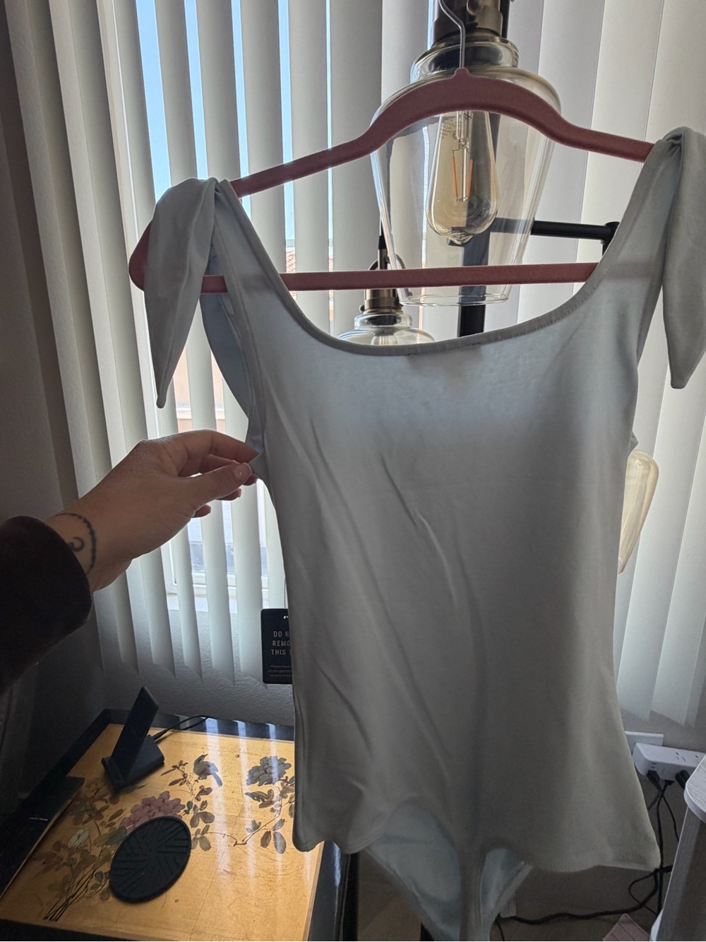 Express Light Blue Tie-Shoulder Bodysuit